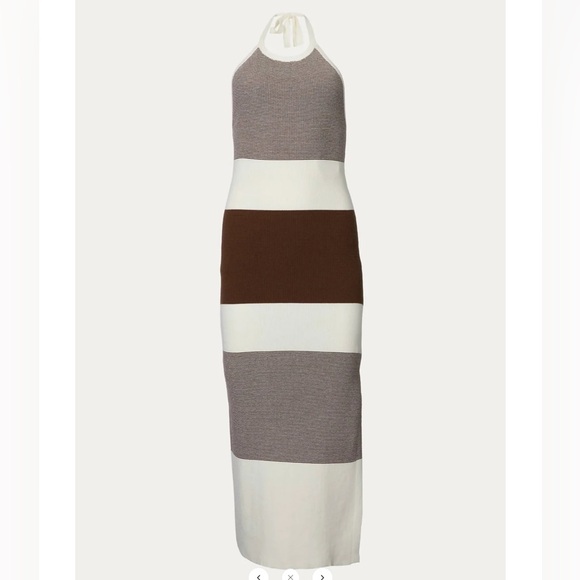 Halterneck Ribbed-Knit Midi Dress In Ivory/Dark Chocolate - Picture 1 of 4